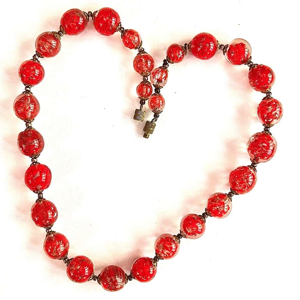 Vintage Venetian Glass Bead Necklace Hand Made Cherry Red and Gold Metallic